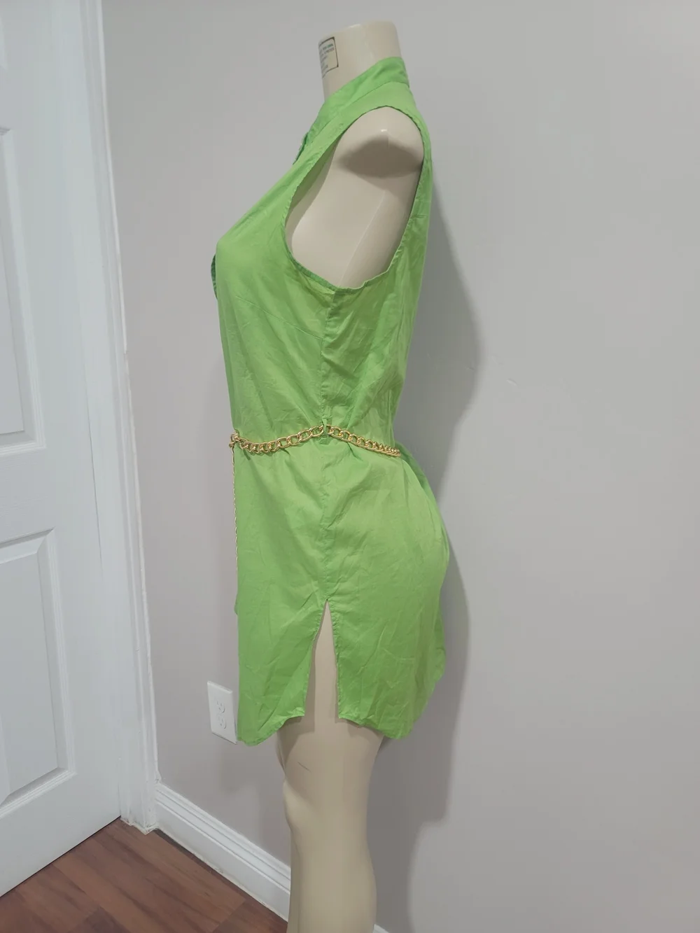 Michael Kors Lime Green Sleeveless Shirt Dress with Gold Chain Belt